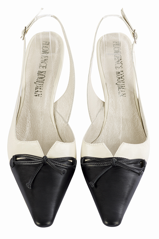 Satin black and off white women's open back shoes, with a knot. Tapered toe. High slim heel. Top view - Florence KOOIJMAN
